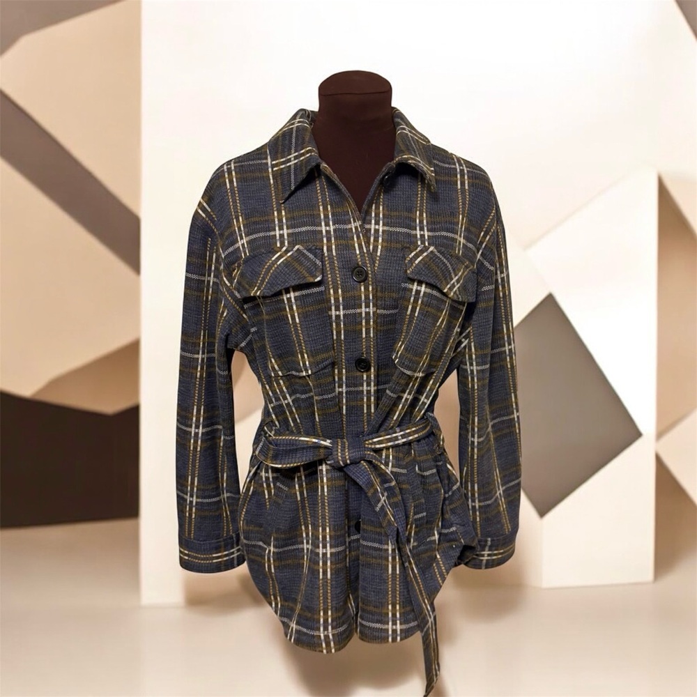 Liverpool by LA Blue White Brown Plaid Belted Shacket Jacket Womens size Medium